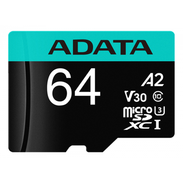 ADATA 64GB MicroSDXC UHS-I U3 V30S A2 R/W:100/75 MB/s AUSDX64GUI3V30SA2-RA