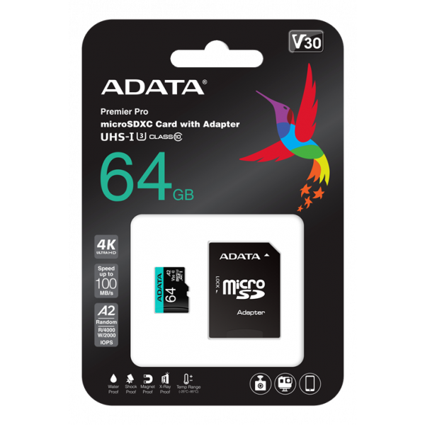 ADATA 64GB MicroSDXC UHS-I U3 V30S A2 R/W:100/75 MB/s AUSDX64GUI3V30SA2-RA