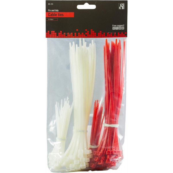 DELTACO buntband, 100mm & 200mm, 200-pack, röd/vit