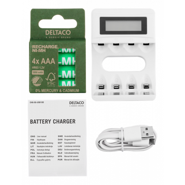 DELTACO Ultimate Ni-Mh USB charger with 4 x AAA batteries C704A4-4xAAA