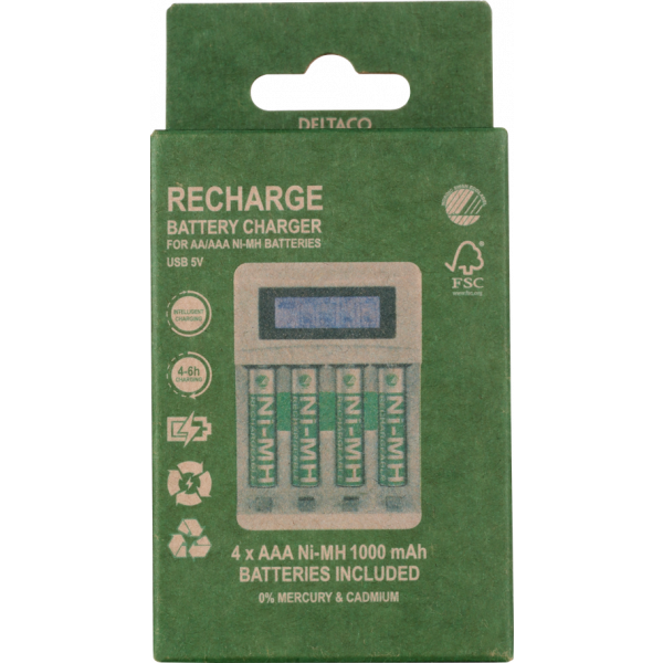 DELTACO Ultimate Ni-Mh USB charger with 4 x AAA batteries C704A4-4xAAA