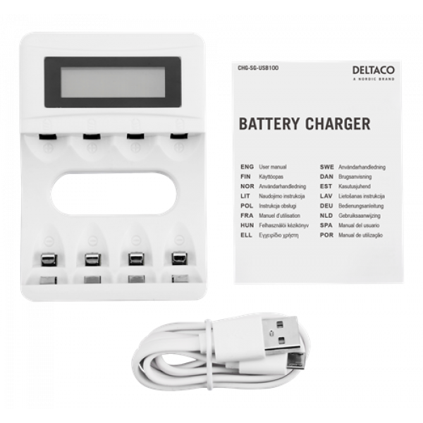 DELTACO Ultimate Ni-Mh USB charger for AA/AAA batteries, display C704A4