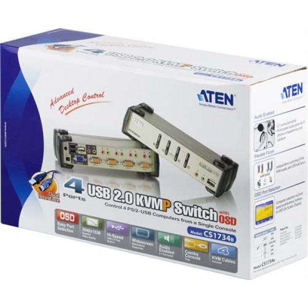 ATEN KVM-switch, 1 konsol styr 4 datorer, USB, 2 extra USB-portar, OSD CS1734B-AT-G