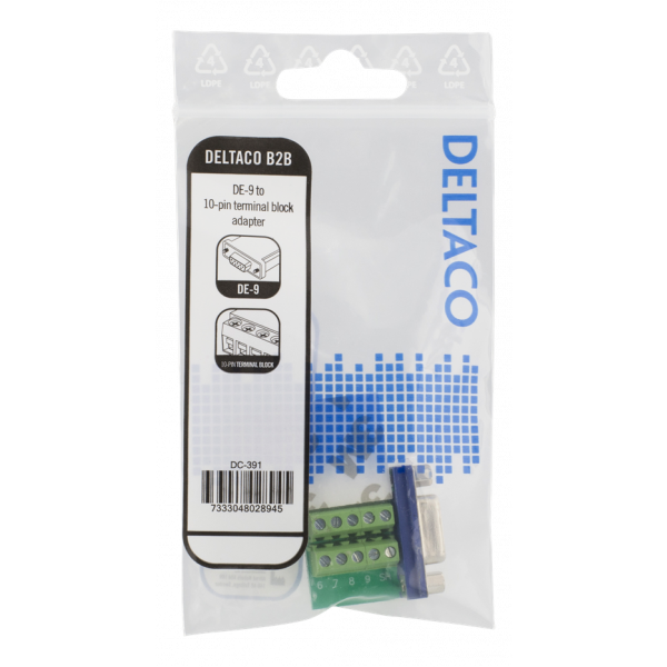DELTACO 10-Stifts Terminalblockadapter, DE-9 hona, 10-Stifts hona, grö DC-391