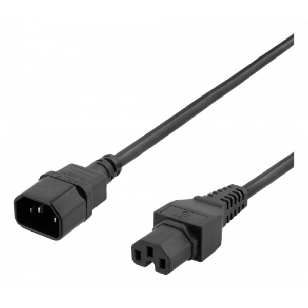 DELTACO 2m jordad kabel IEC 60320 C15 - IEC6320 C14, 250V/10A, svart DEL-116B