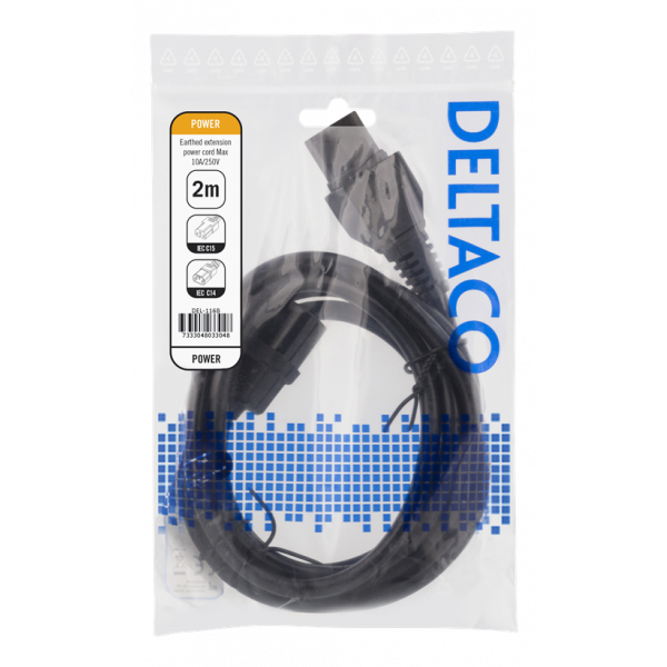 DELTACO 2m jordad kabel IEC 60320 C15 - IEC6320 C14, 250V/10A, svart DEL-116B