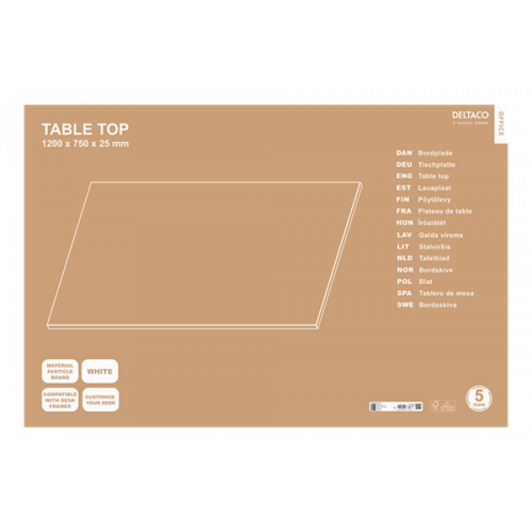 DELTACO Office, Desk board, White laminate, 1200x750x25mm DELO-0120