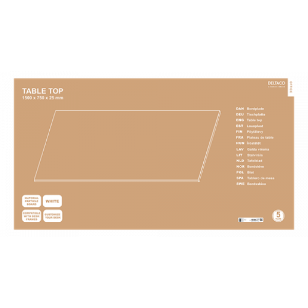 DELTACO Office, Desk board, White laminate, 1500x750x25mm DELO-0121
