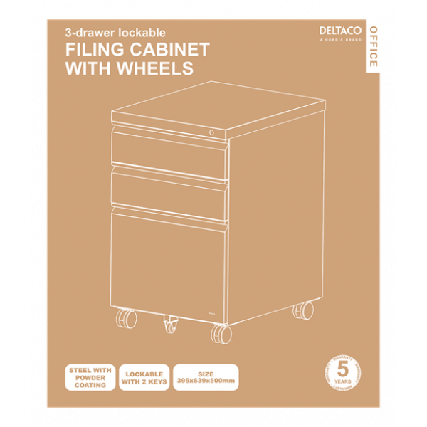 DELTACO Office, Cabinet on wheels with lock, 3 drawers, white DELO-0160
