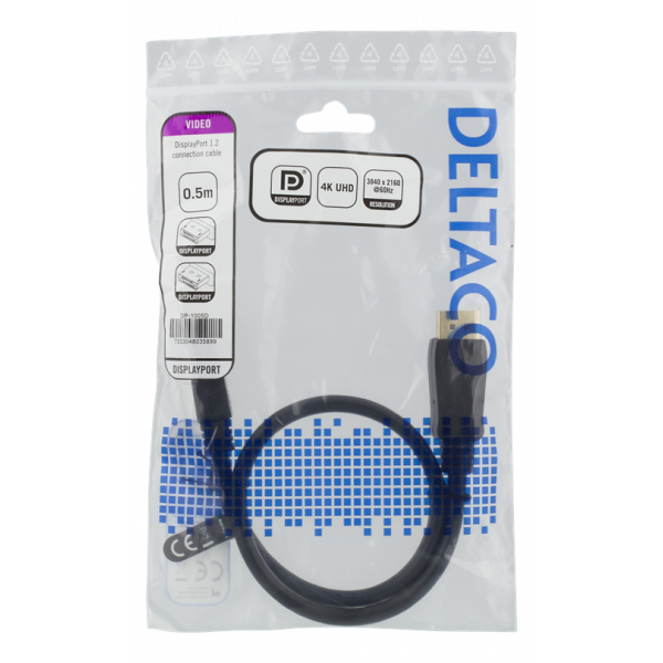 DELTACO DisplayPort-kabel, 0,5m, 4K UHD, DP 1.2, svart DP-1005D