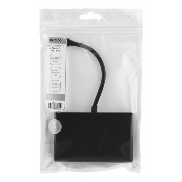 DELTACO miniDisplayPort - 4xDisplayPort MST-hubb, 3840x2160 i 60Hz, sv DP-911