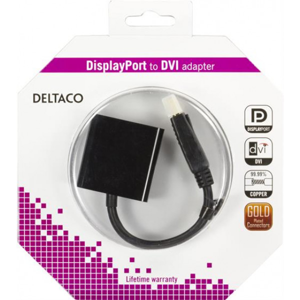 DELTACO DisplayPort till DVI-D singlelink adapter, 0,2m, ha-ho, svart