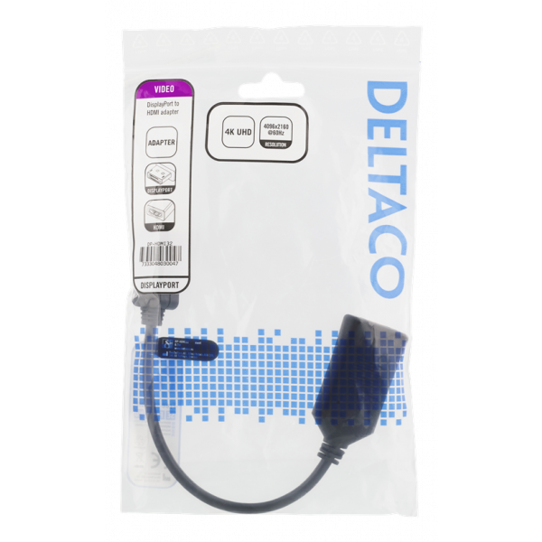 DELTACO DisplayPort - HDMI adapter, 4096x2160 60Hz, 0,1m, svart DP-HDMI32