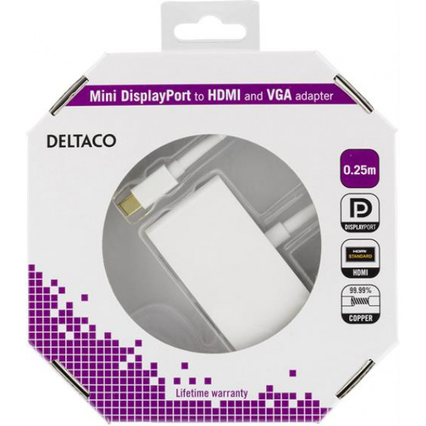 DELTACO mini DisplayPort till HDMI och VGA-adapter, 0,25m, vit