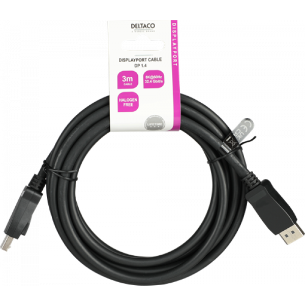 DELTACO DisplayPort cable, DP 1.4, 8K@60Hz, 3m, black DP8K-1030-LSZH