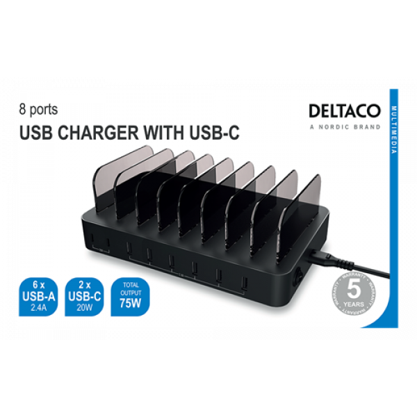 DELTACO USB Charging station 6 USB-A, 2 USB-C PD 75W DPS-0201