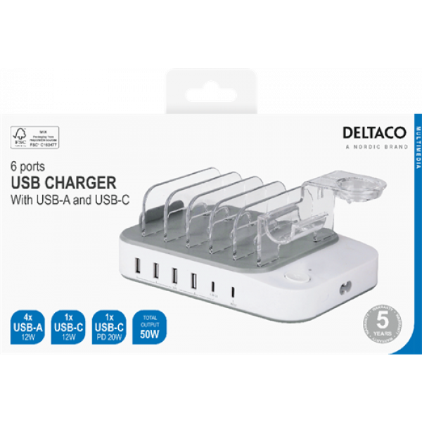 DELTACO USB charging station, 4x USB-A, 1x USB-C 2.4A, 1x USB-C PD 20W DPS-0203