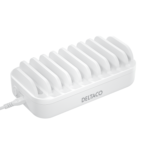 7x USB-A 12 W 3x USB-C PD 20 W Total uteffekt 120 W USB-A: 5 V DC, 2,4 A per port, totalt 12 A / 60 W USB-C: 5 V / 3 A, 9 V / 2,22 A, 12 V / 1,67 A, 20 W per port / totalt 60 W Avstånd mellan avskiljare: 15 mm Höjd på avskiljare: 24 mm USB-laddningsstatio