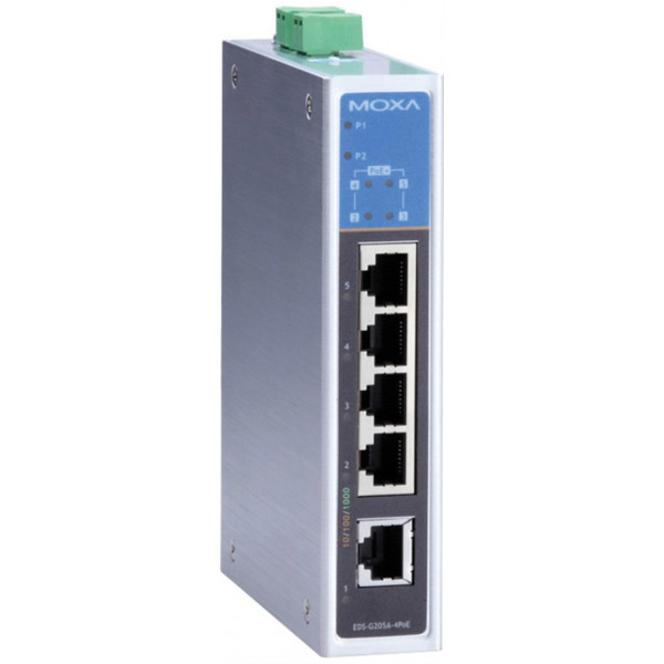 Moxa EDS-G205A-4POE, industriell switch, 5xRJ45, PoE+, IP30, grå/svar EDS-G205A-4POE