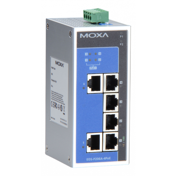 Moxa Industriell switch, 6xRJ45, 4xPoE+, IP30, metall EDS-P206A-4PoE