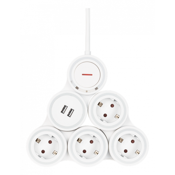 DELTACO Flexibelt grenuttag med 4 kontakter, 1,4m, 16A 3500W, 2x USB-A EMP605KUSB