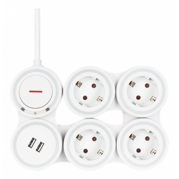 DELTACO Flexibelt grenuttag med 4 kontakter, 1,4m, 16A 3500W, 2x USB-A EMP605KUSB