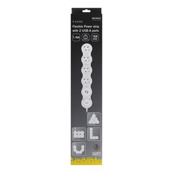 DELTACO Flexibelt grenuttag med 4 kontakter, 1,4m, 16A 3500W, 2x USB-A EMP605KUSB