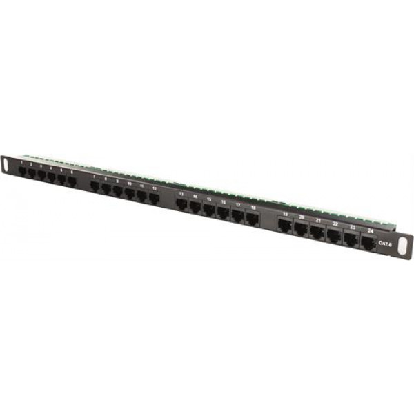 UTP Patchpanel 24xRJ45, Cat6, 0,5U, 19", metall, kabelstöd, svart