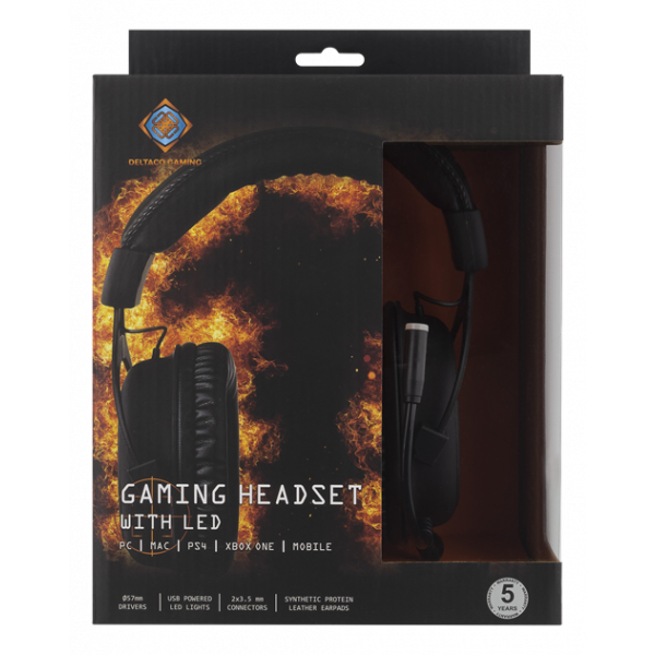 DELTACO GAMING Stereo Gaming Headset, 57mm element, LED-belysning, sva GAM-030