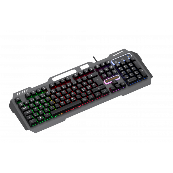 Ge din gamingstation mer färg och prestanda med detta fullstora gamingtangentbord som kombinerar regnbågsbelysning med en slitstark metallplatta. Utformat för gamers som vill ha pålitlig funktion och en kraftfull gamingdesign erbjuder tangentbordet respon