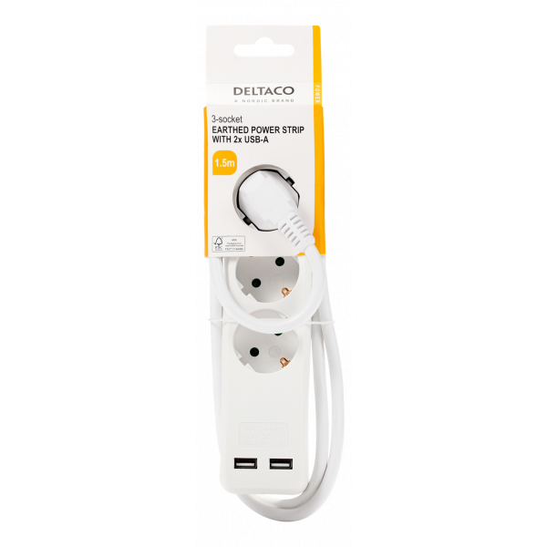 DELTACO outlet 3xCEE 7/3 1xCEE 7/7, 2xUSB-A, 1,5m white GT-0310
