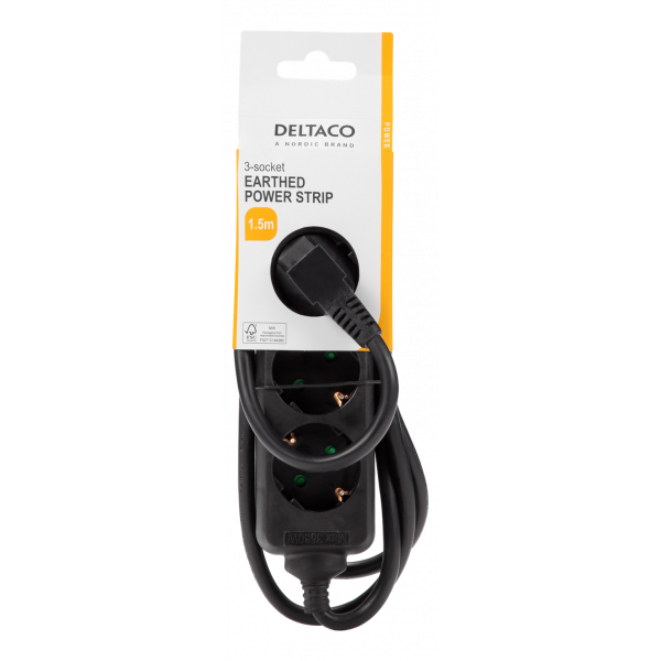 DELTACO outlet 3xCEE 7/3 1xCEE 7/7 1,5m black GT-0320