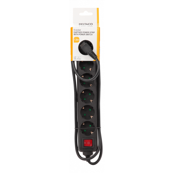 Grenuttag 6 Eluttag 1.5m kabel med brytare svart GT-0660
