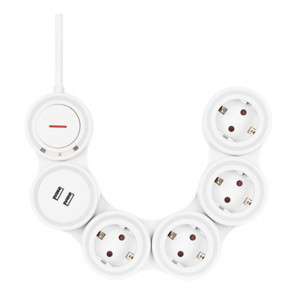 DELTACO Flexibelt grenuttag med 4 kontakter, 1,4m, 16A 3500W, 2x USB-A GT-290