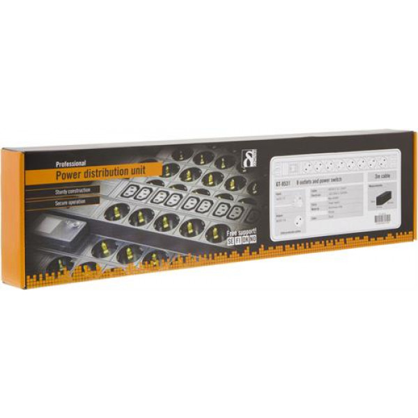 DELTACO Grenuttag, 8xCEE 7/4, 1xCEE 7/7, brytare, 3m kabel, svart