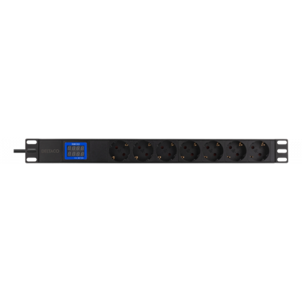 DELTACO 19" PDU med 7 kontakter, 3500W, CEE 7/3, digital volt/amp-mete GT-8637