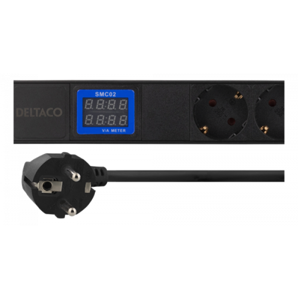 DELTACO 19" PDU med 7 kontakter, 3500W, CEE 7/3, digital volt/amp-mete GT-8637