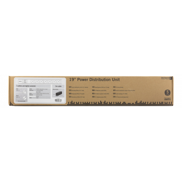 DELTACO 19" PDU med 7 kontakter, 3500W, CEE 7/3, digital volt/amp-mete GT-8637