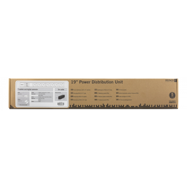 DELTACO 19" PDU med 7 kontakter, 2500W, CEE 7/3, digital volt/amp-mete GT-8638