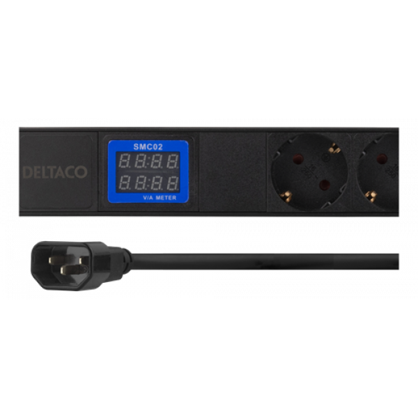 DELTACO 19" PDU med 7 kontakter, 2500W, CEE 7/3, digital volt/amp-mete GT-8638