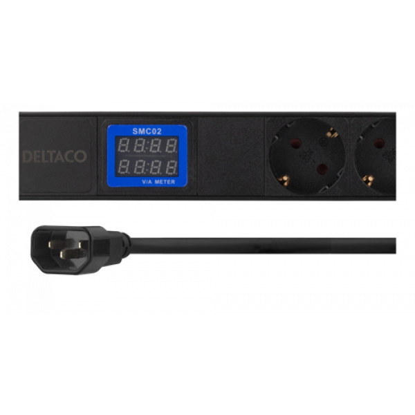 DELTACO 19" PDU med 7x CEE 7/4 uttag, 3500W, ammeter, aluminium, svart GT-8641