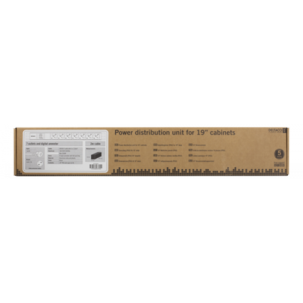 DELTACO 19" PDU med 7x CEE 7/4 uttag, 3500W, ammeter, aluminium, svart GT-8641
