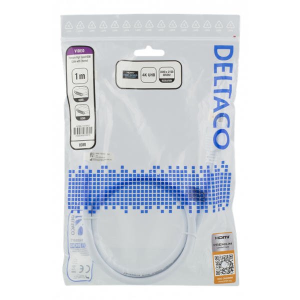 DELTACO High-Speed Premium HDMI-kabel, 1m, Ethernet, 4K UHD, vit HDMI-1010AD
