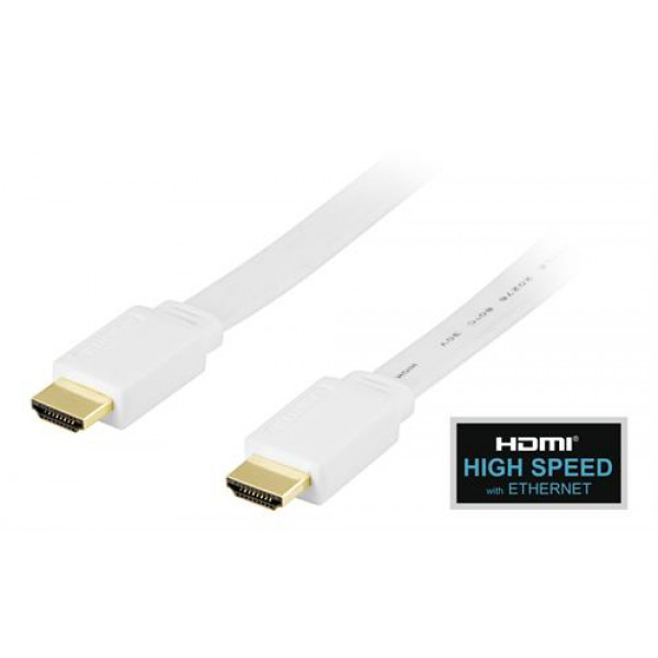 DELTACO platt HDMI kabel, HDMI High Speed with Ethernet, 1m, vit HDMI-1010H