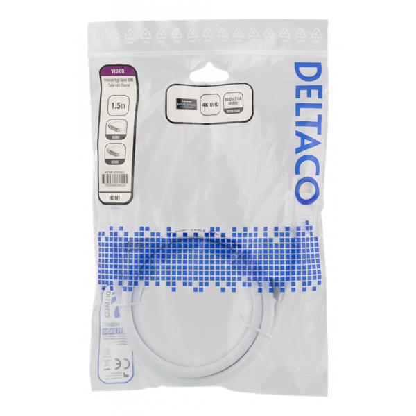 DELTACO High-Speed Premium HDMI-kabel, 1,5m, Ethernet, 4K UHD, vit HDMI-1015AD