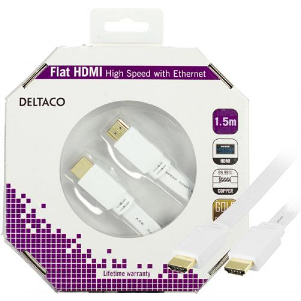 DELTACO HDMI-kabel, v1.4+Ethernet, 19-pin ha-ha, 1080p, flat, vit 1,5m