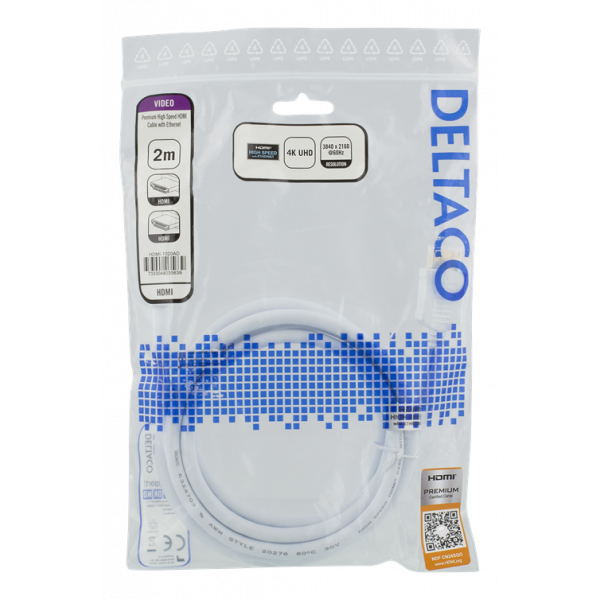 DELTACO High-Speed Premium HDMI-kabel, 2m, Ethernet, 4K UHD, vit HDMI-1020AD