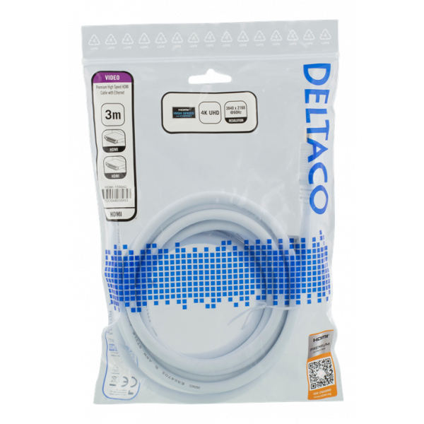 DELTACO High-Speed Premium HDMI-kabel, 3m, Ethernet, 4K UHD, vit HDMI-1030AD