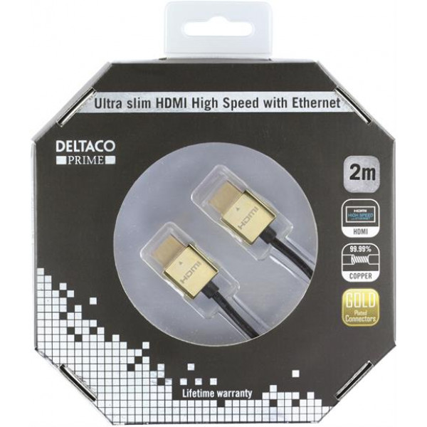 DELTACO PRIME tunn HDMI-kabe med guldpläterade zink-kontakter, 2m