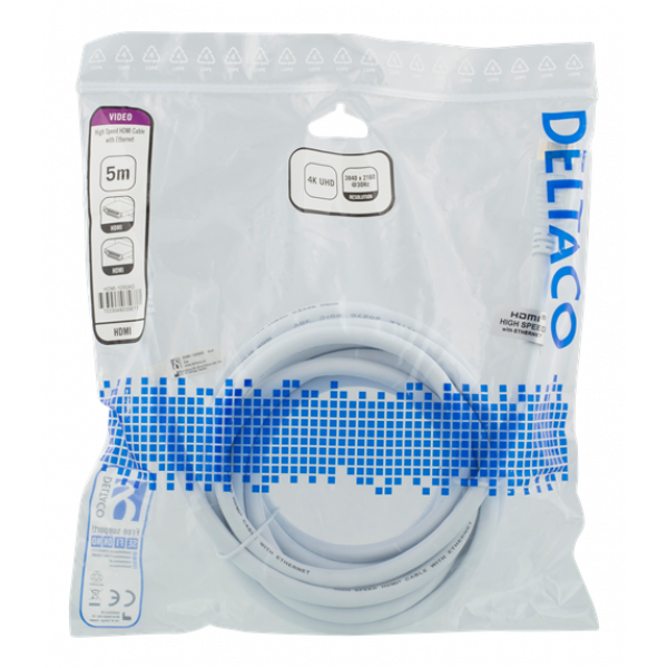 DELTACO High-Speed HDMI-kabel, 5m, Ethernet, 4K UHD, vit HDMI-1050AD